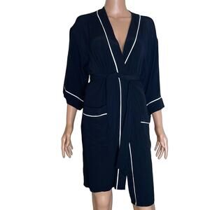 Leith brand robe short black/white piping 3/4 sleeve lightweight pockets SZ SM